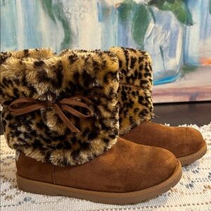 Makalu Leopard Print Fur Boots size 3 Youth Girls Winter Casual snow